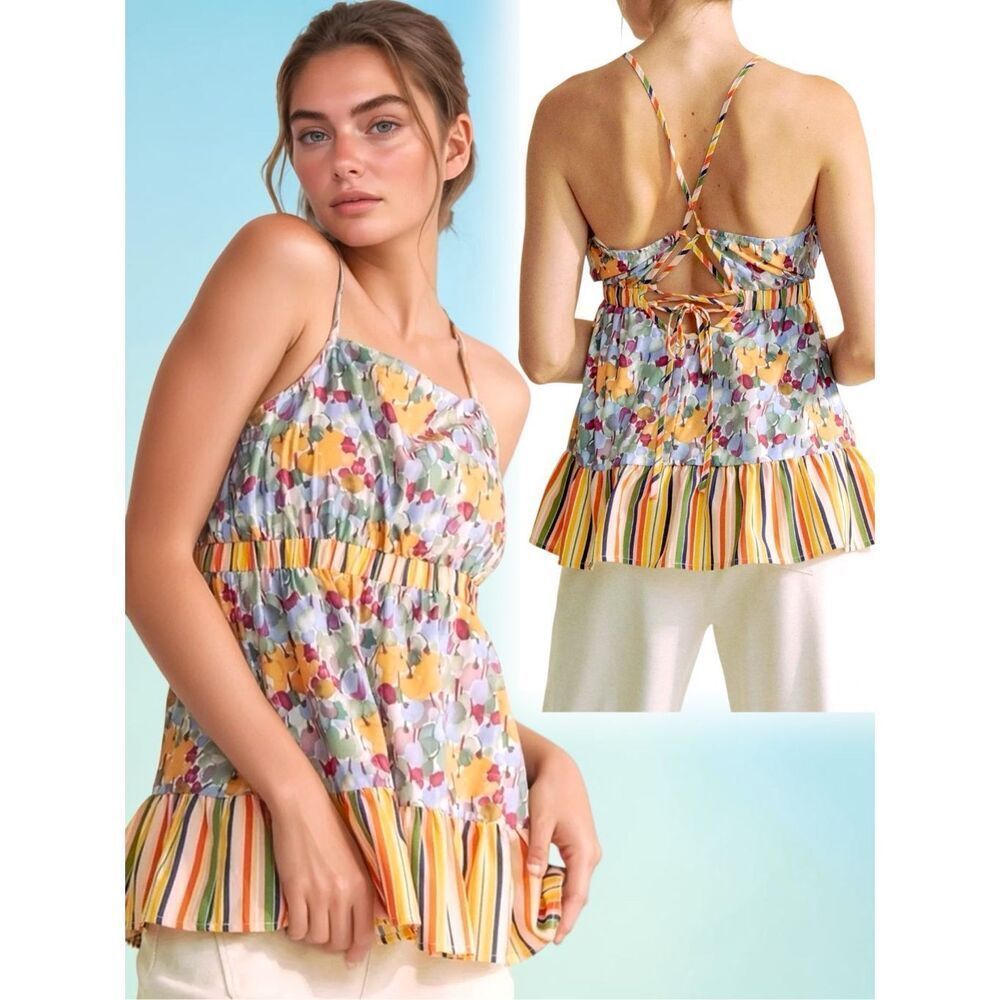 Floral Smocked Back Tie Tank Top Boho Ruffle Peplum Cami Sage - Davi & Dani